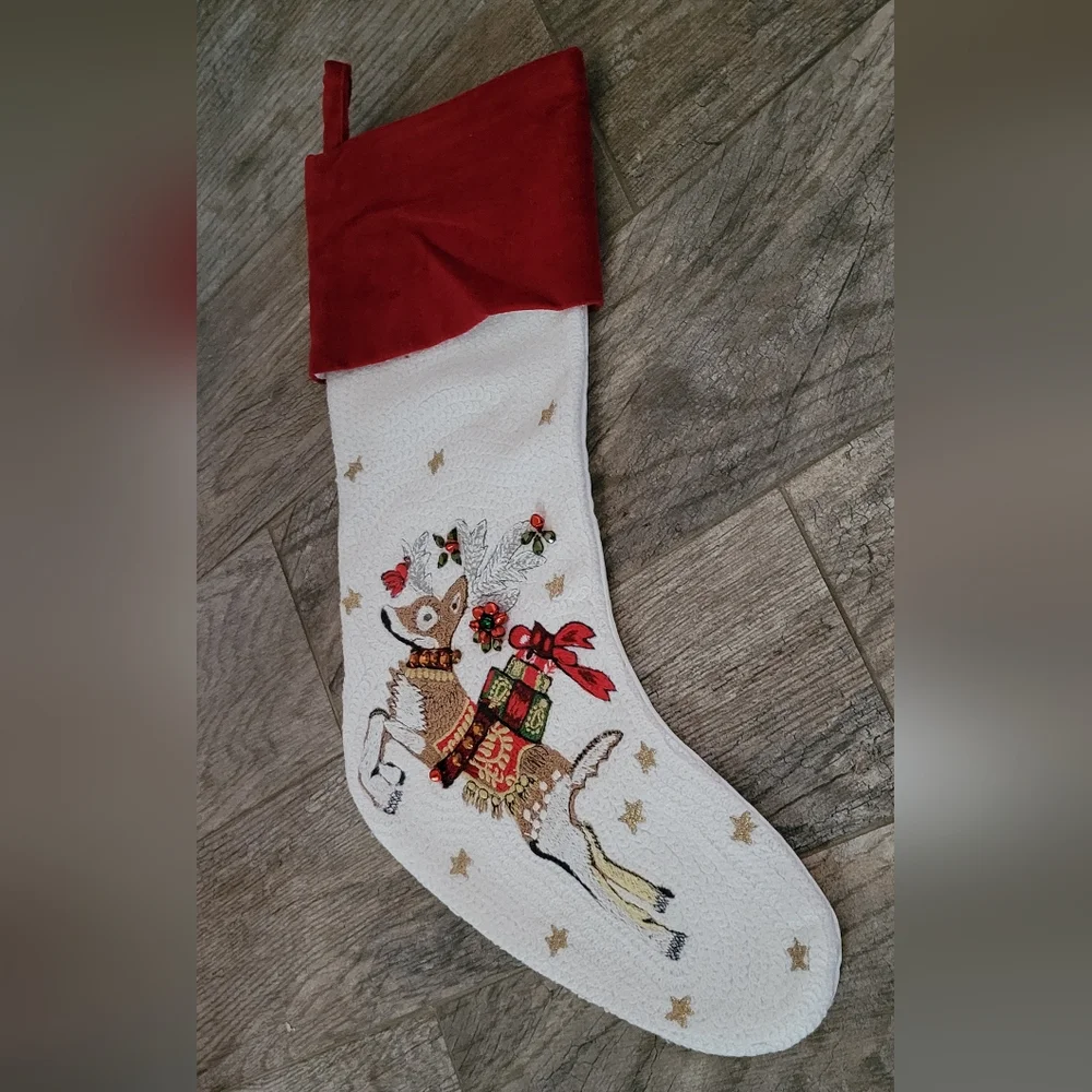 Williams Sonoma TWAS NIGHT BEFORE CHRISTMAS Reindeer Crewel Christmas Stocking